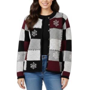 Breckenridge VTG Gray Burgundy Black Snowflake Patchwork Cardigan Sweater M